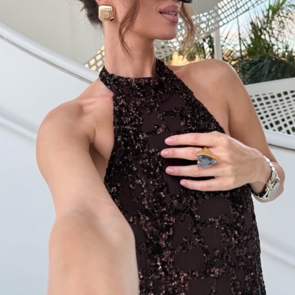 NWT Zara Elegant Brown Sequin Halter Dress - Picture 9 of 10